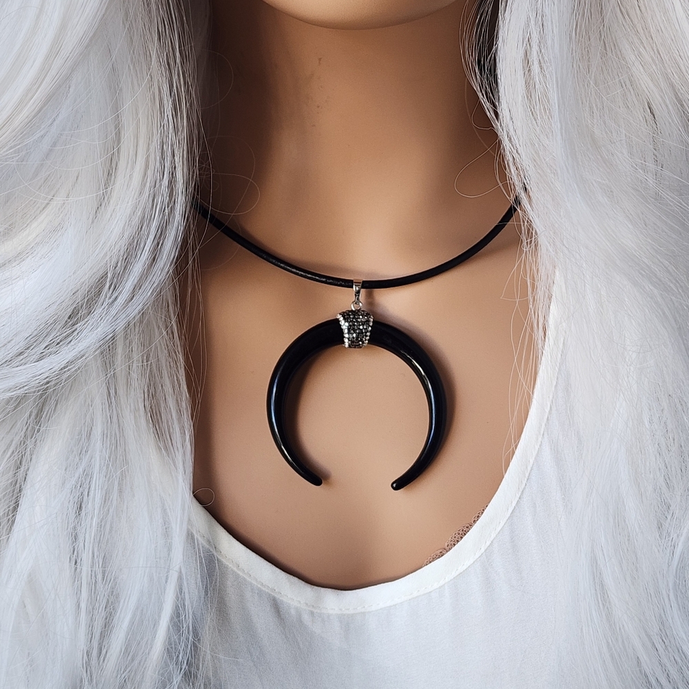 Boho Jewelry Necklace Black Horn Crystals Jewelry Genuine Leather
